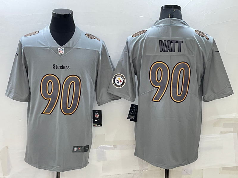 Men's Pittsburgh Steelers #90 T.J. Watt Grey With Patch Atmosphere Fashion Stitched Jersey Men's Pittsburgh Steelers #90 T.J. Watt Grey With Patch Atmosphere Fashion Stitched Jersey
